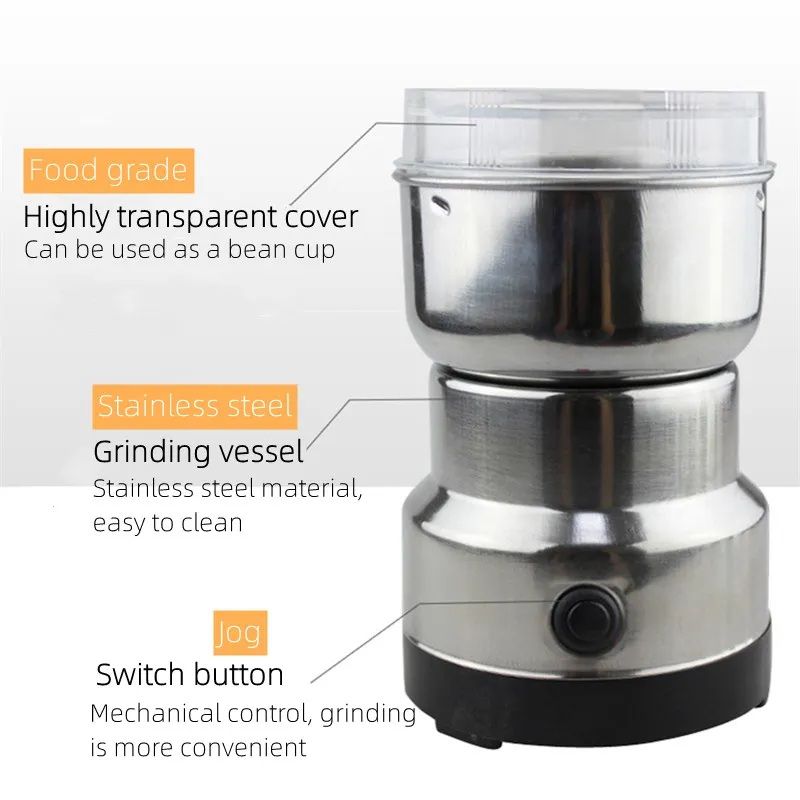 Stainless steel coffee grinder with features highlighted on a white background