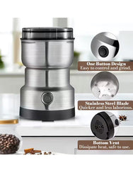 Stainless steel coffee grinder with features highlighted on a white background