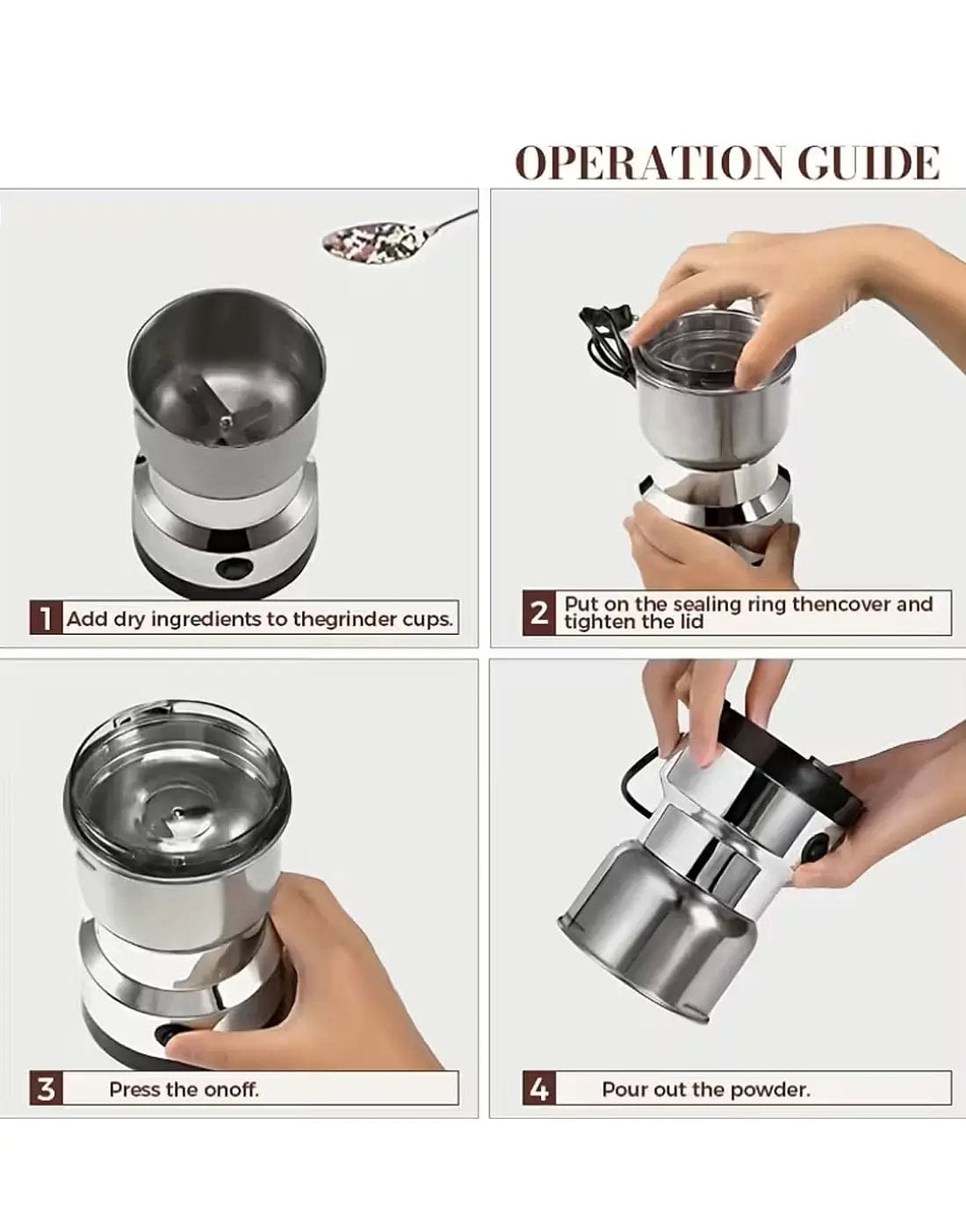 Operation guide for a metal grinder with step-by-step instructions.