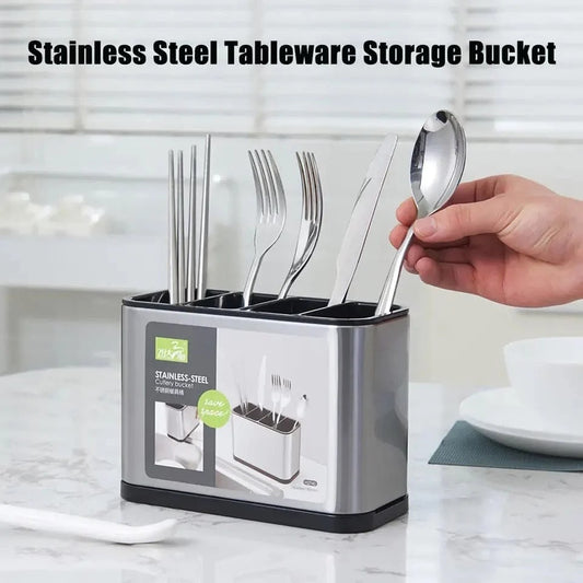 Stainless Steel Cutlery Bucket Durable Easy To Clean Organizer For Spoons Forks Knives Space Saving Kitchen Counter Storage