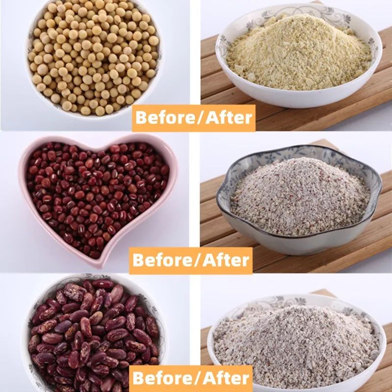 Before and after transformation of beans and grains in bowls on a wooden surface.