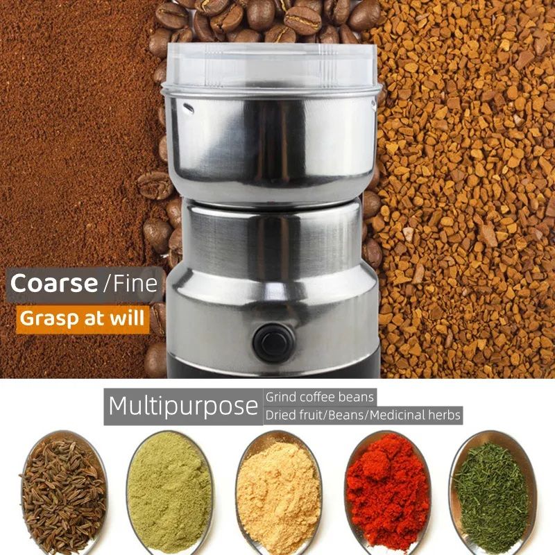 Coffee grinder with coffee beans and ground coffee, surrounded by various herbs and spices.