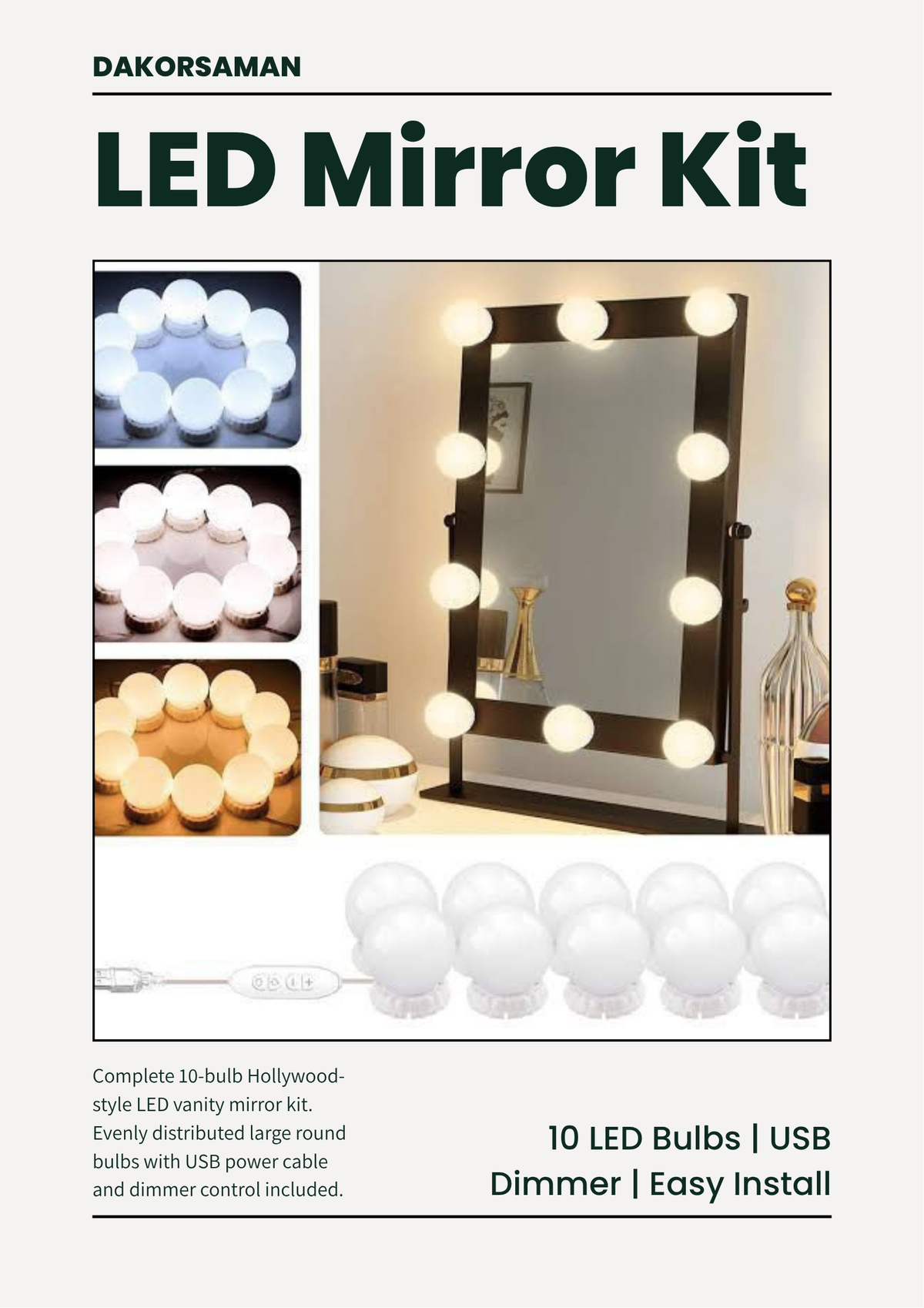 10-Bulb LED Vanity Mirror Light Kit | 3 Light Modes, USB Powered